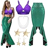 Jiuguva 6 Pcs Halloween Mermaid Costume for Women Sequin Mermaid Tube Top Skirt Starfish Hairpin Earrings Necklace