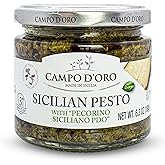 CAMPO D'ORO - Basil Pesto with Pecorino, Sicilian Creamy Pesto, 6.35 oz | All-Natural, Fresh Basil Pesto with Pecorino for Pasta, Bruschetta and Pizzas, Non-GMO, No Preservatives, Product of Italy