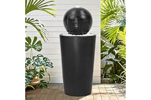 BUOSHA Autodaya 30" H Ceramic Sphere Water Fountain with LED Light, Modern Minimalist Design, Black Glaze with White Pebbles, Soothing Trickling Water Feature, Adding Artistic Charm & Tranquil Ambiance
