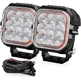 BEAMTECH 4" LED Pods, White Flood Beam Off Road Ditch Lights with Amber DRL | 2PCS 100W 8000LM Pod Light for Truck UTV ATV Motorcycle &ndash; Fog/Reverse/Work Lights