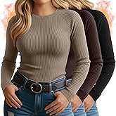 Sweetyweee 3 Pack Plus Size Thermal Shirts for Women Cotton Long Sleeve Ribbed Slim Fit Tops Crewneck Underwear Base Layer