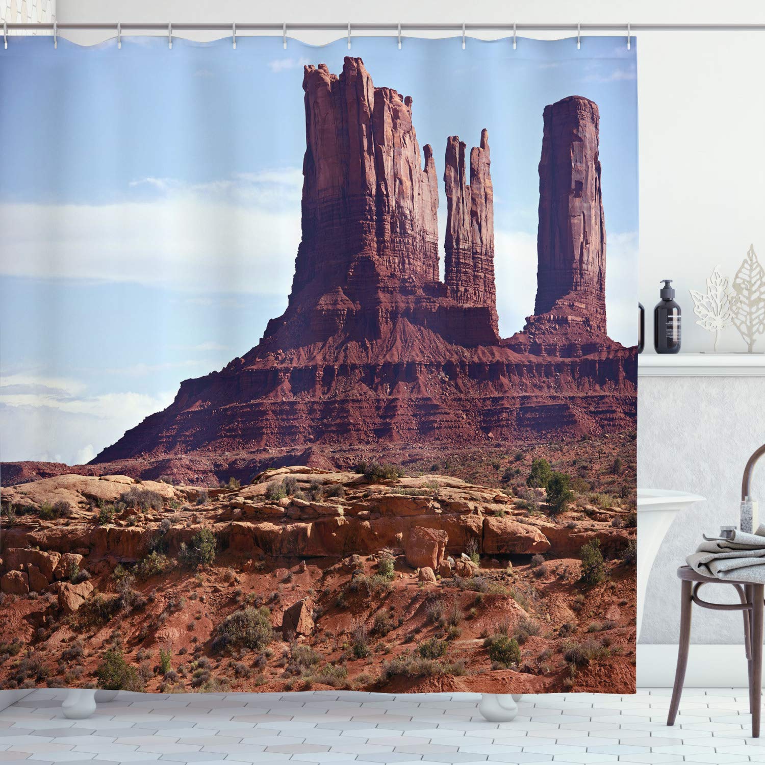 ABAKUHAUS Landscape Shower Curtain, Famous Monumental Valley Grand Canyon and Red Rocky Cliffs Usa Arizona Photo Print, Cloth Fabric Bathroom Decor Set with Hooks, 70 Inches, Brown