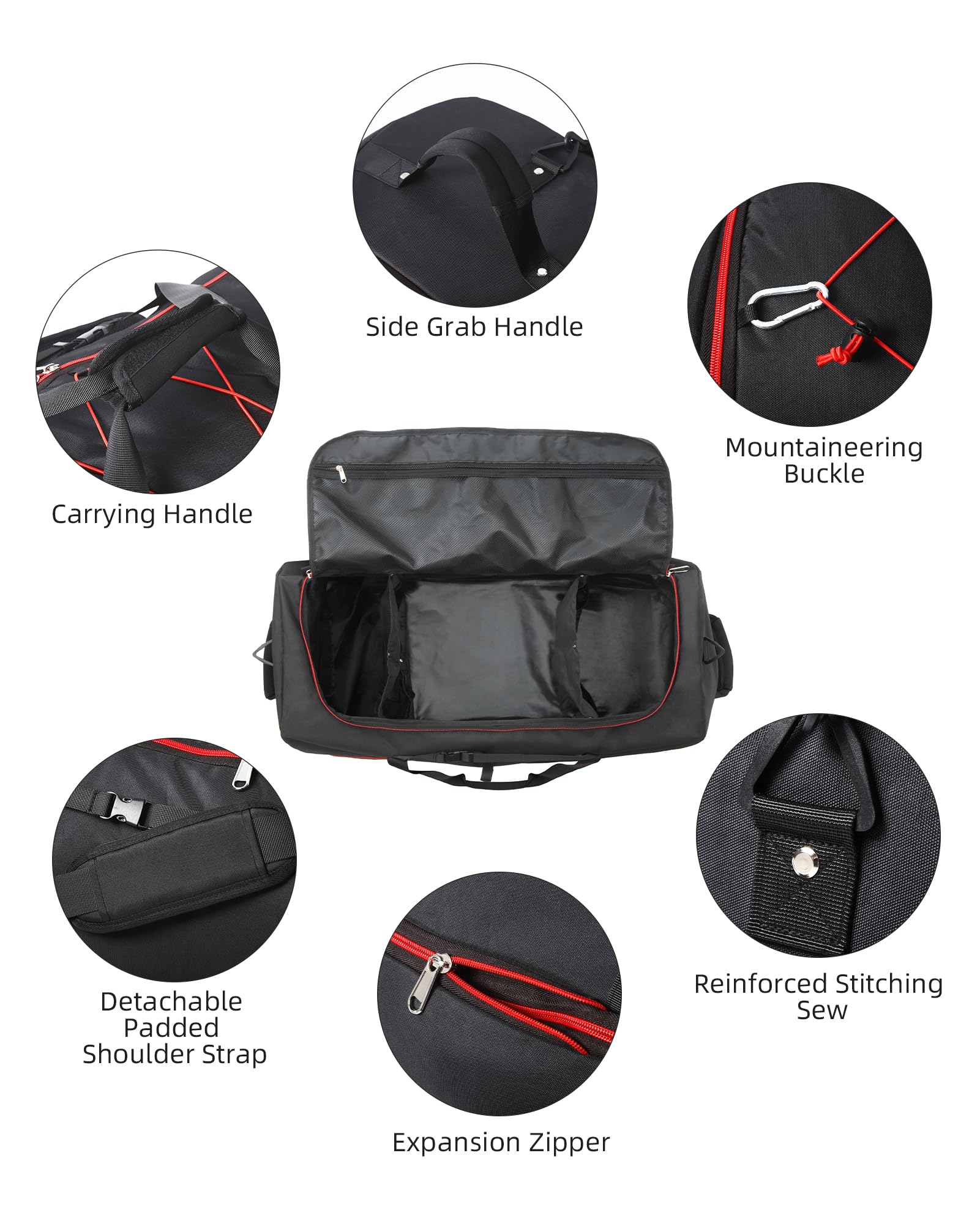 CONTAIL 32” Soft-side 110L Expandable 140L Rolling Duffle Bag with 2 Inline Wheels,Convertible Weekend Travel Bag with Bungee-Cord System,Black-red