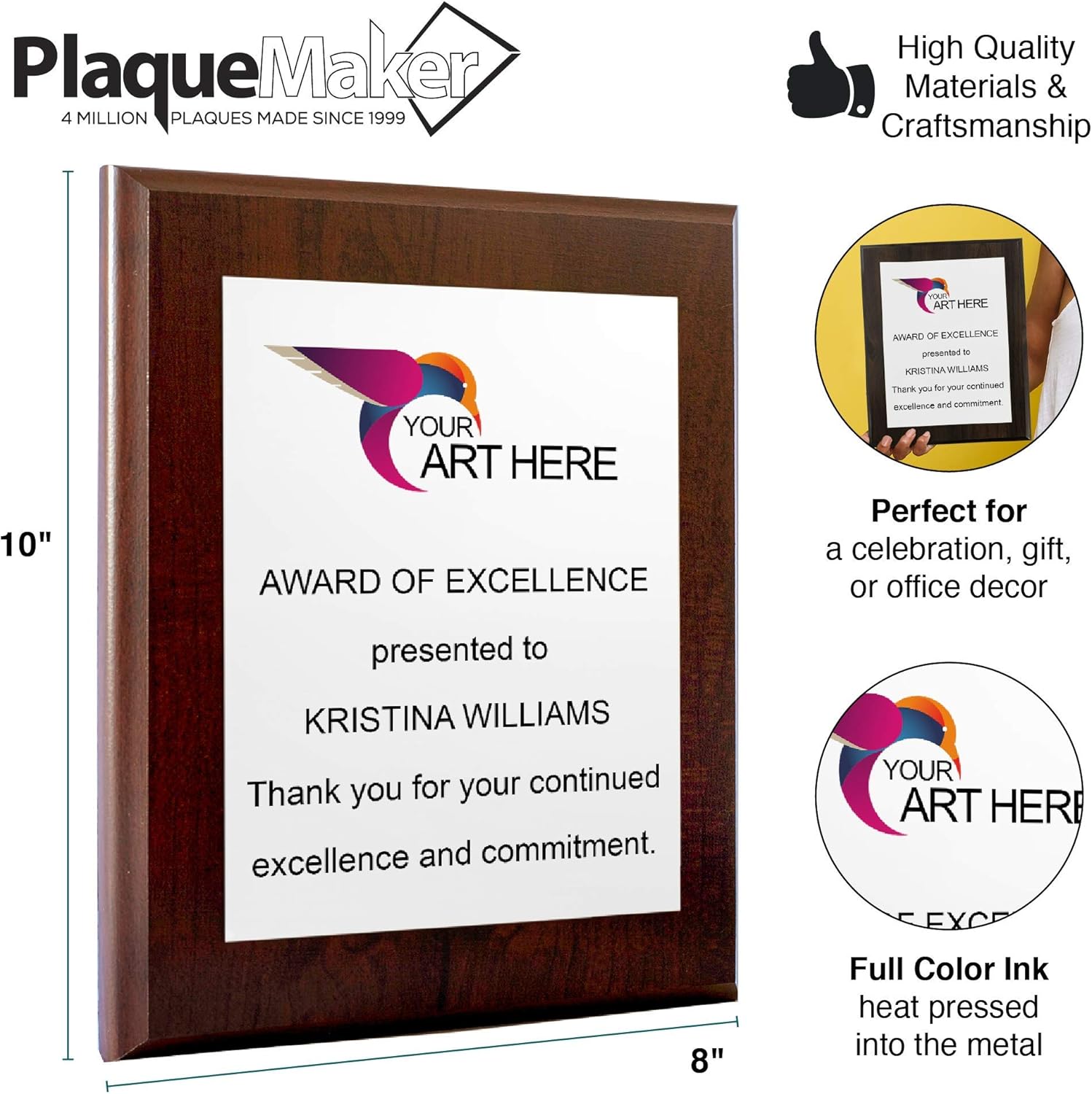 PlaqueMaker Personalized Award Plaque, Aluminum Recognition Certificate, Customized Text and Picture Options (8" x 10", White Metal, Coated Cherry Board) : Office Products