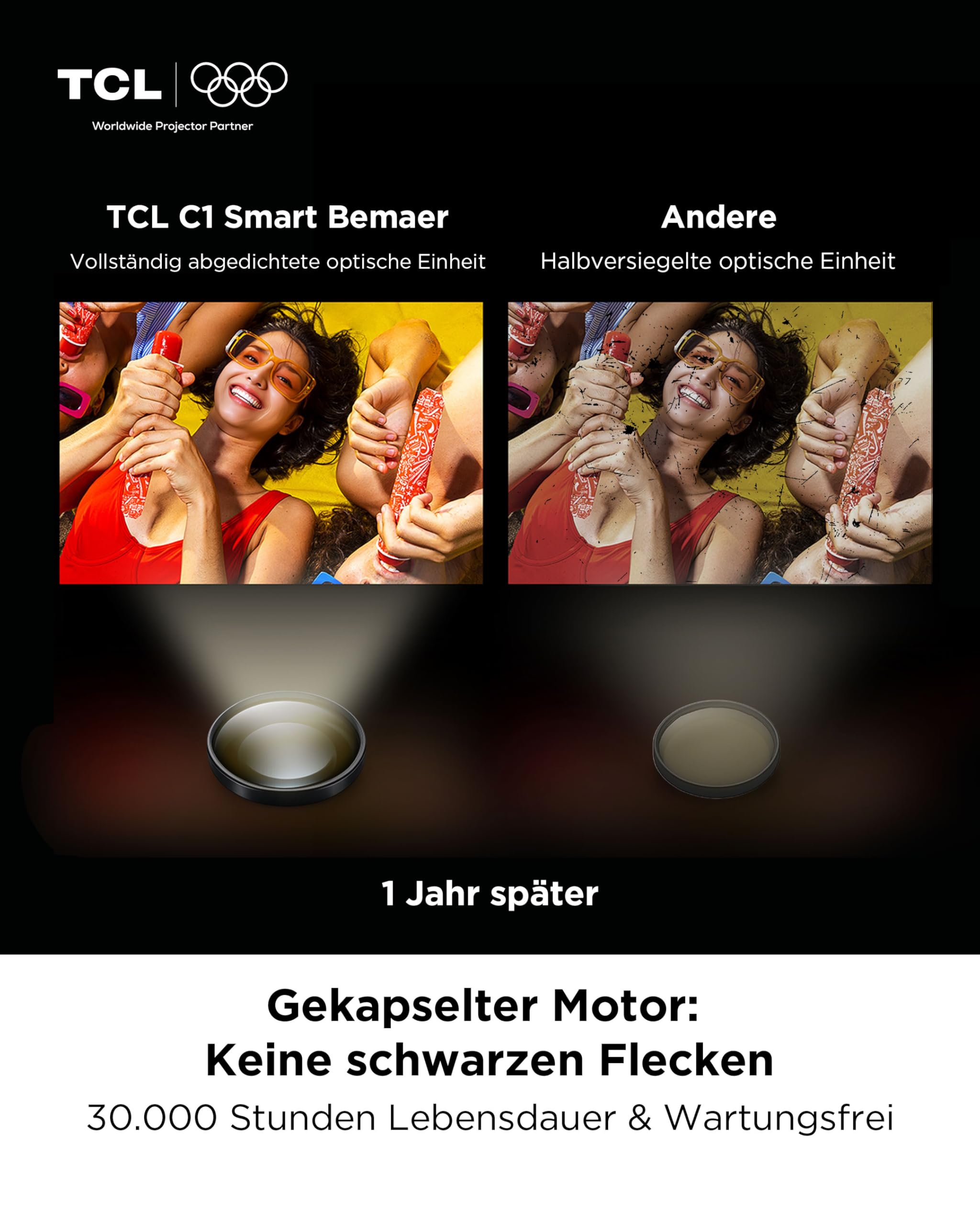 TCL C1 Smart Mini Beamer, Integriertes Offizielles Google TV/Netflix/APV, Projektor 4K 1080p, Autofokus & 6D Keystone, Dolby 8W, WLAN, Bluetooth, 285° Drehbar für Handy, Heimkino, Deckenprojektion 8