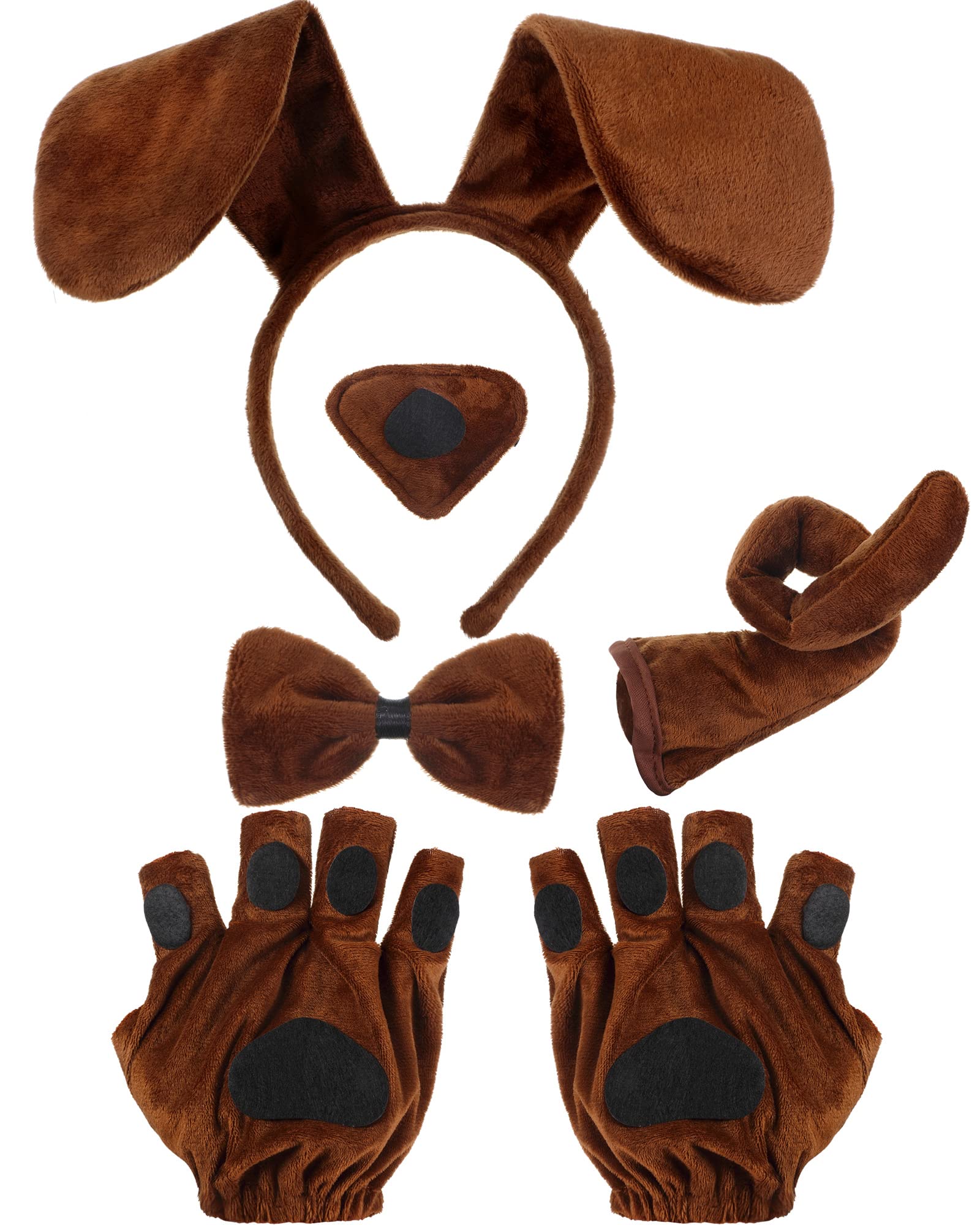 Cindeer 5 Pcs Puppy Dog Costume Set Include Puppy Ears Headband Bowtie Fake Nose Tail Paw Gloves Animal Costume Accessories for Halloween Dog Cosplay Party(Brown)
