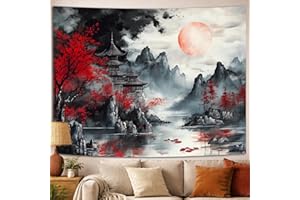 Simpkeely Japanese Ink Painting Tapestry, Traditional Pagoda Mountain Landscape Wall Hanging, Red Maple & Moon Oriental Art D