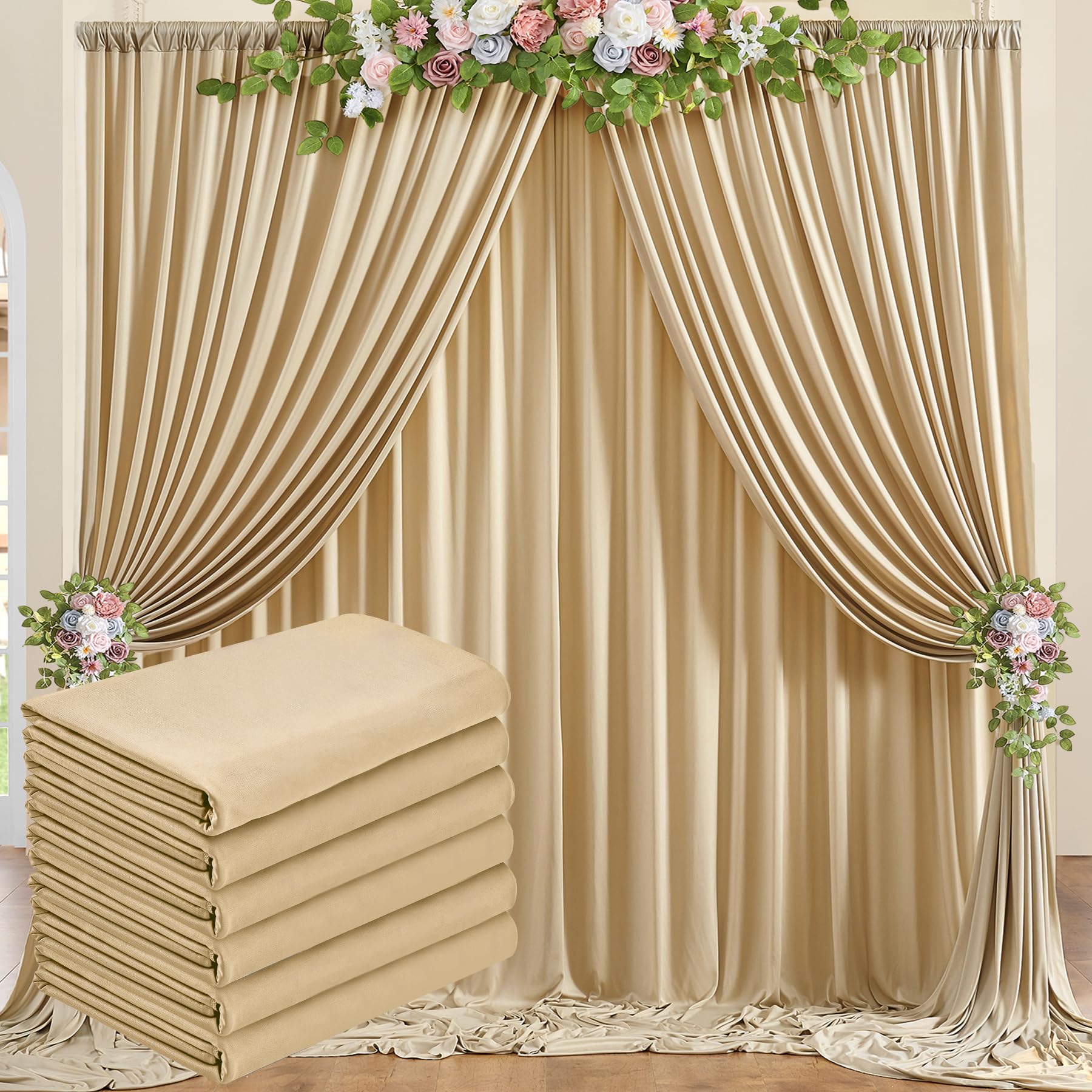 Photo 1 of 30 ft x 8 ft Thick Champagne Backdrop Curtain for Wedding Parties, 6 Panels 5 ft x 8 ft Wrinkle Free Polyester Champagne Photo Backdrop Drapes, Birthday Party Home Decoration Supplies