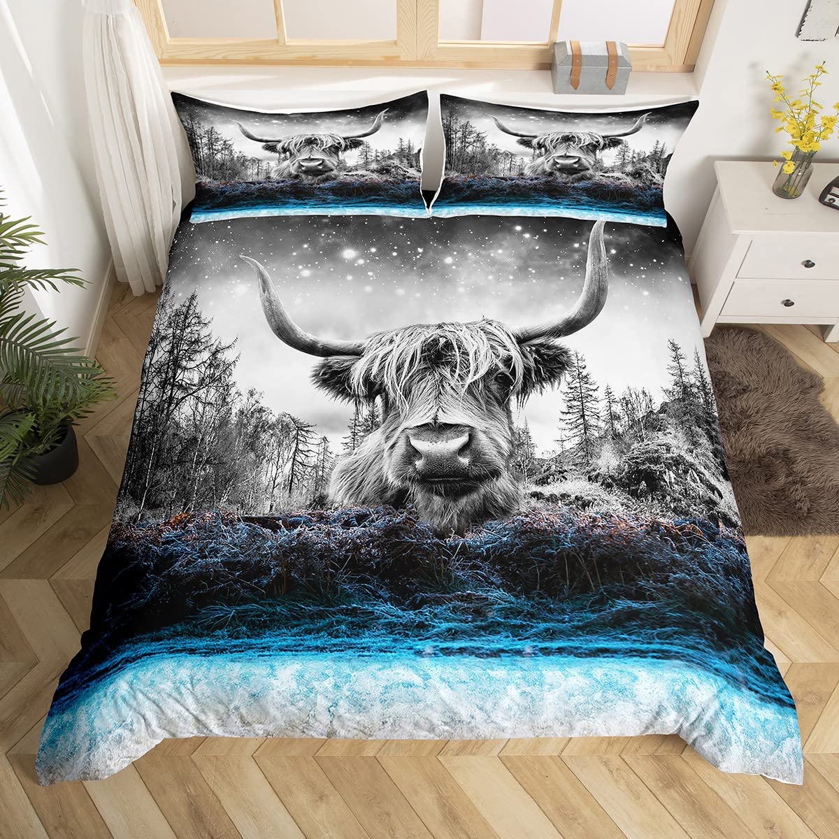 Highland Cattle Duvet Cover Set Highland Cow Bedding Set for Kids Boys Girls Farmhouse Cow Comforter Cover Cow Bull Cattle 1 Duvet Cover with 1 Pillowcase Single Size