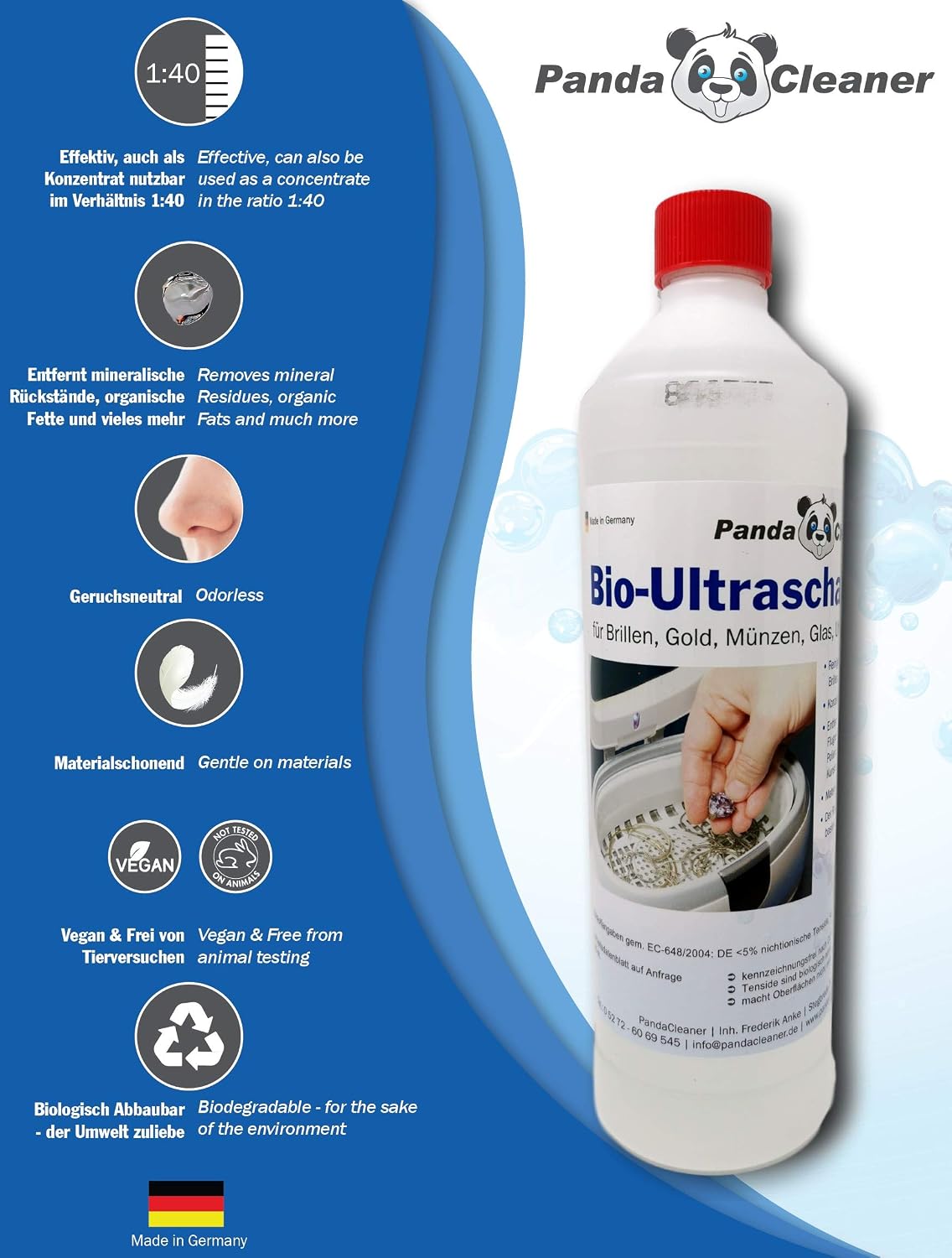 Pandacleaner® Ultrasound Cleaner for Ultrasonic Baths, Concentrate for Glasses Jewellery, Dental Products, Gold, Coins - Image 3