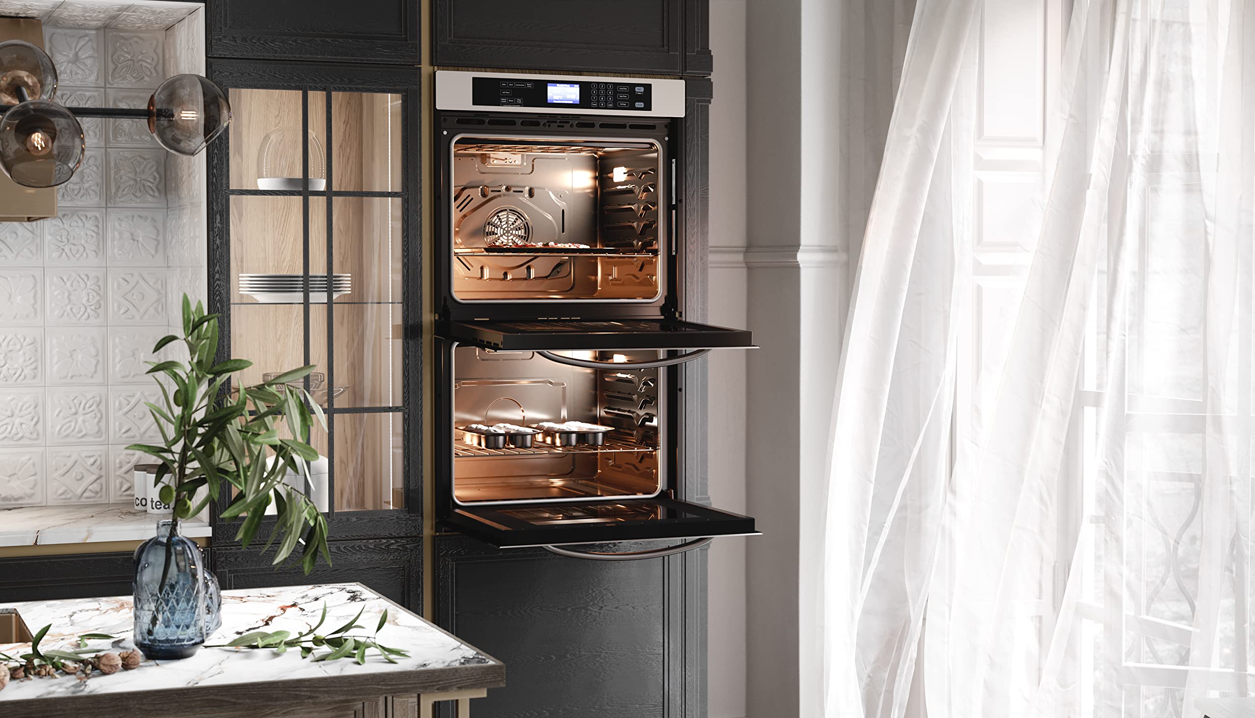 KoolMore 30-Inch Electric Double Wall Oven with Quiet, Rapid Convection Cooking, 7 Cook and Baking Modes, Dual Large Capacity Ovens, Stainless-Steel Unit, Self-Cleaning (KM-WO30D-SS)