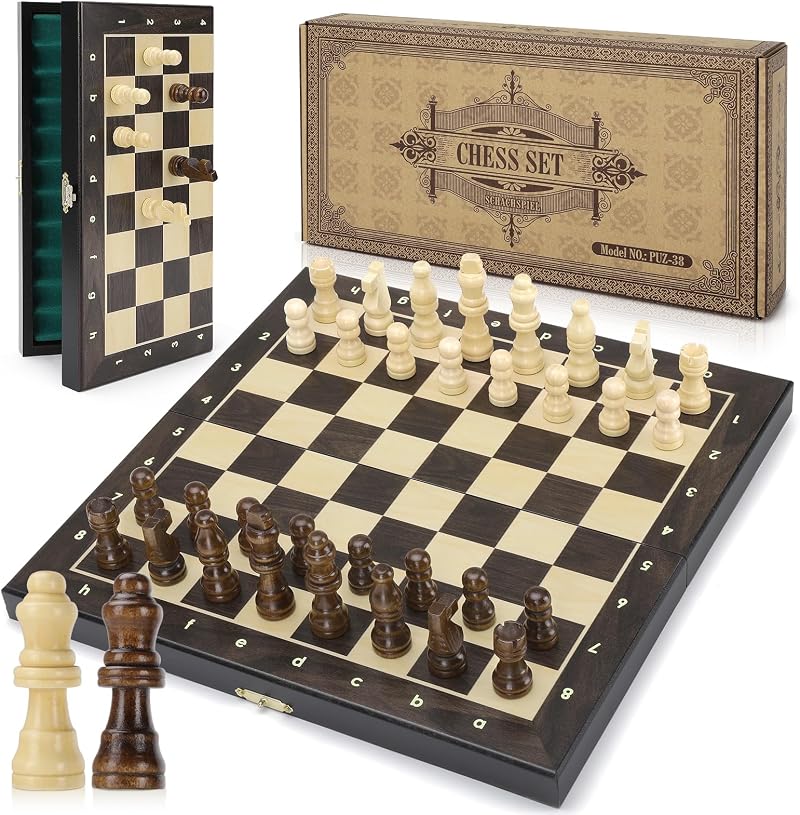Peradix Wooden Magnetic Chess Set 30x30cm Folding Board with 2 Extra Queens