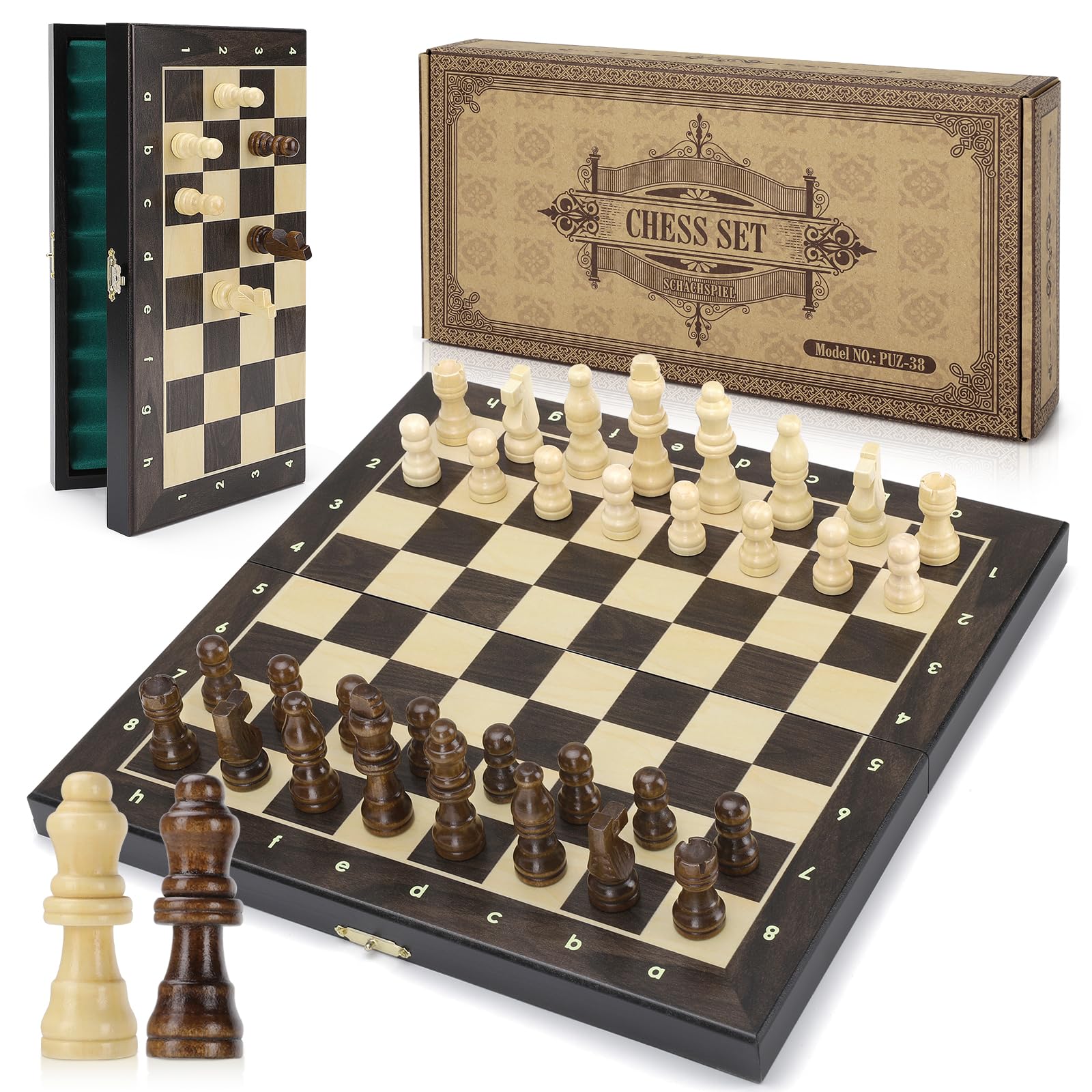 Peradix Chess Set | Wooden Magnetic Chess Board | 2 Extra Queen | 30x30cm Folding Chessboard for Storage | Toys & Games for Adults and Kids Educational Toy Sets