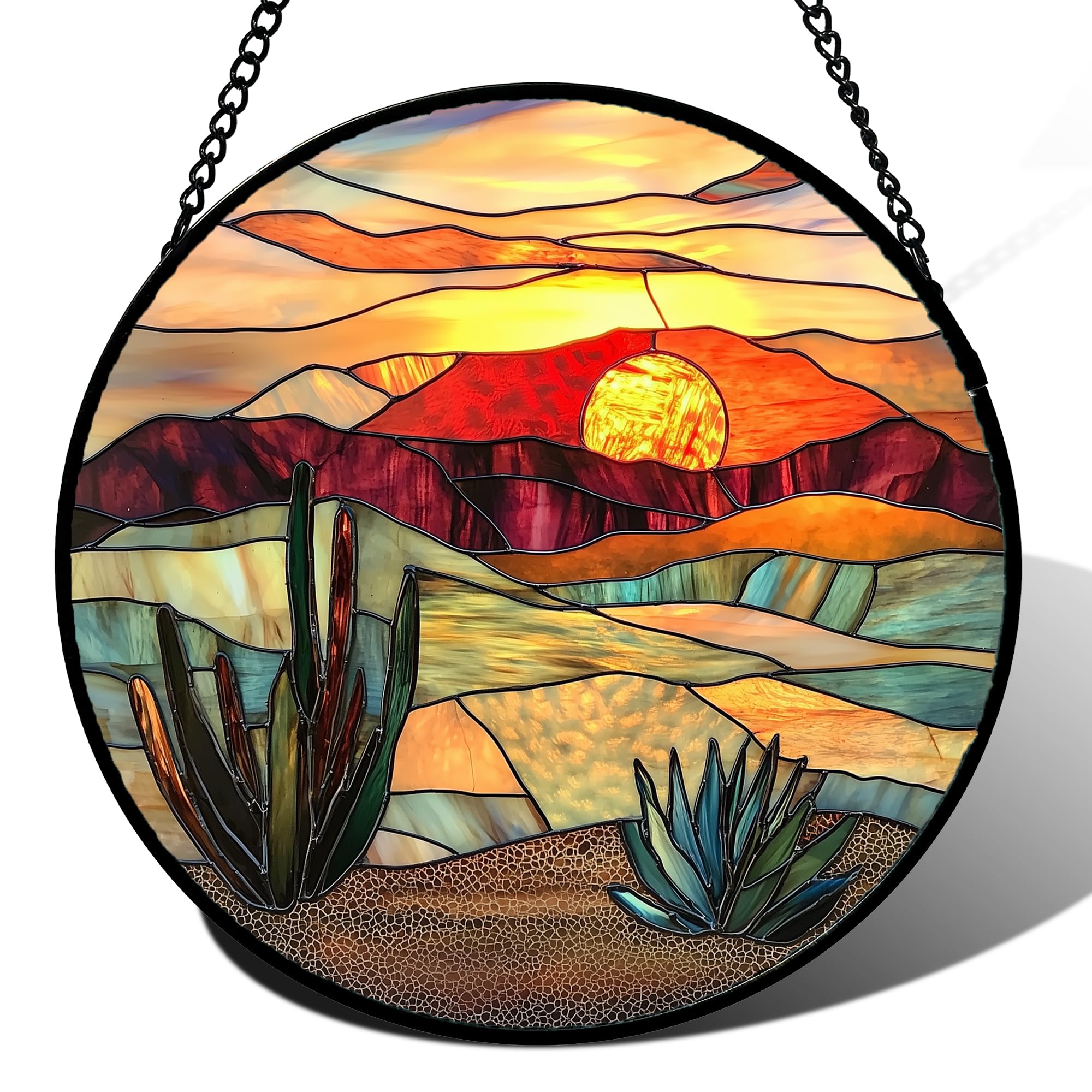 DASTOLL Stained Glass Window Hanging, Golden Landscape Dusk Sunset Suncatcher for Doors Window Home Cactus Sun Catchers Decoration Mother's Day Birthday Gifts for Women, Men, and Mom 11.8 in Image