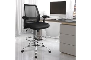 HYLONE Drafting Chair, Height Adjustable Tall Office Chair, Standing Desk Chair with Adjustable Foot Ring and Flip-Up Arms, Black