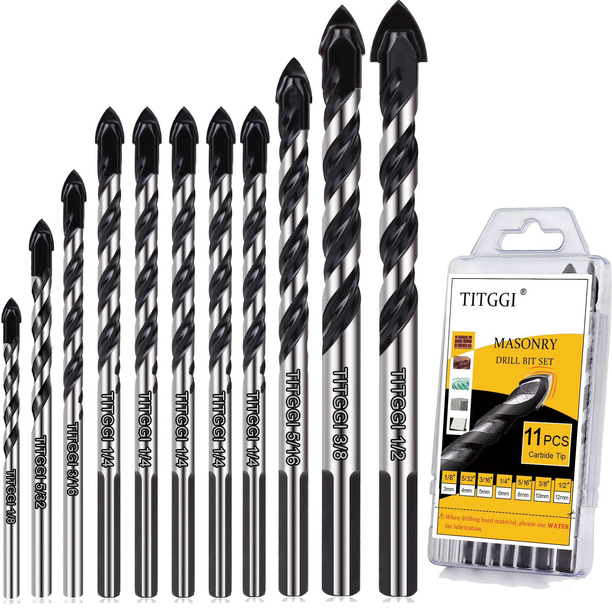 11PCS Masonry Drill Bit Set & Cement Drill Bit, Professional Drill Bit Set for Glass/Brick/Plastic/Cement/Wood/Tile/Etc, Industrial Strength Carbide Drill Bit Tip, 1/8