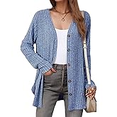 Flamingals Long Sleeve Ribbed Cardigans for Women Casual Button Open Front Cardigan Sweaters with Side Splits Fall Fashion