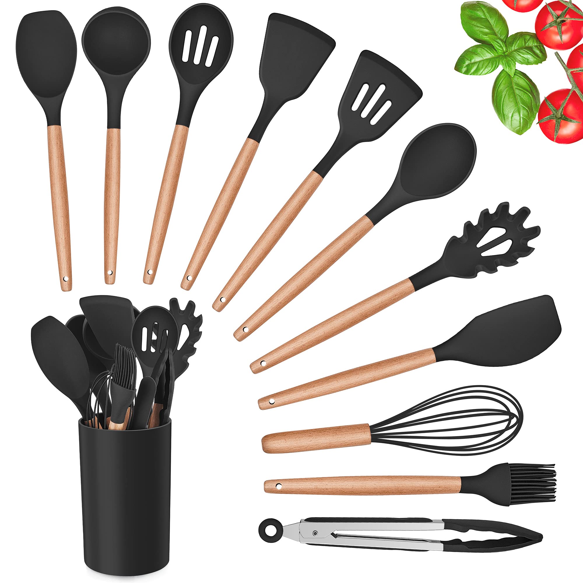 Kitchen Utensils Set, Herogo 12 Piece Silicone Utensil with Holder, Heat Resistant Cooking Utensils with Wooden Handle for Non Stick Cookware Pans, Silicone Kitchen Gadgets Tool Set (Black)
