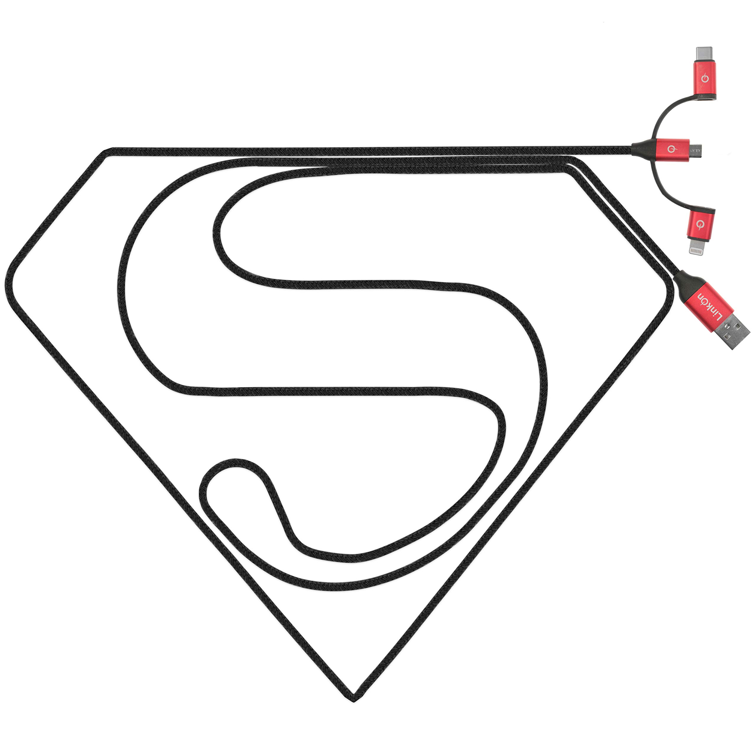 LinkOn MFi-Certified Universal Charging Cable 2m/6.6ft 3 in 1 USB-A to Micro USB Compatible with Lightning and USB-C for all Apple Android or Microsoft Smartphones and Tablets (MFi-3in1-Black)