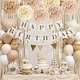 Boho Birthday Decorations for Women with Dusty Light Pink Brown Beige Paper Pompoms Sand White Nude Metallic Gold Balloons Brown Banner Fringe Curtain for Neutral Birthday Decorations