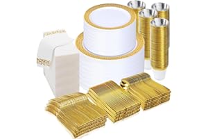 700 Piece Dinnerware Set for Wedding & Party,100 Guest Lace Design Plastic Plates,100 Plastic Silverware,100 Cups,100 Linen L