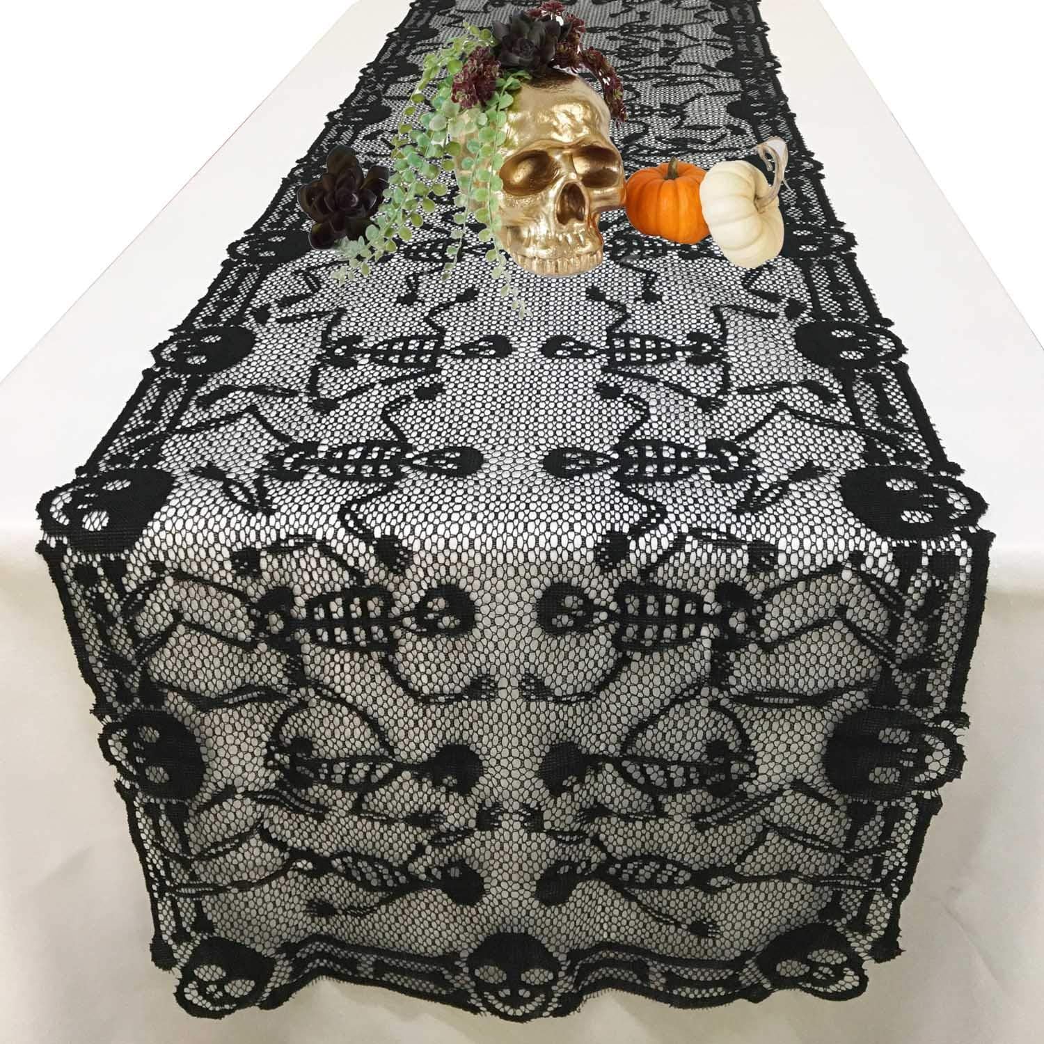 Halloween Table Runner Gothic Black Lace Skull Skeleton