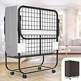 Unikito Folding Bed with Mattress for Adults, 75" x 31" Cot Size Portable Rollaway Guest Bed with Memory Foam Mattress and Metal Frame on Wheels, Space-Saving Folded Design, Storage Cover Included