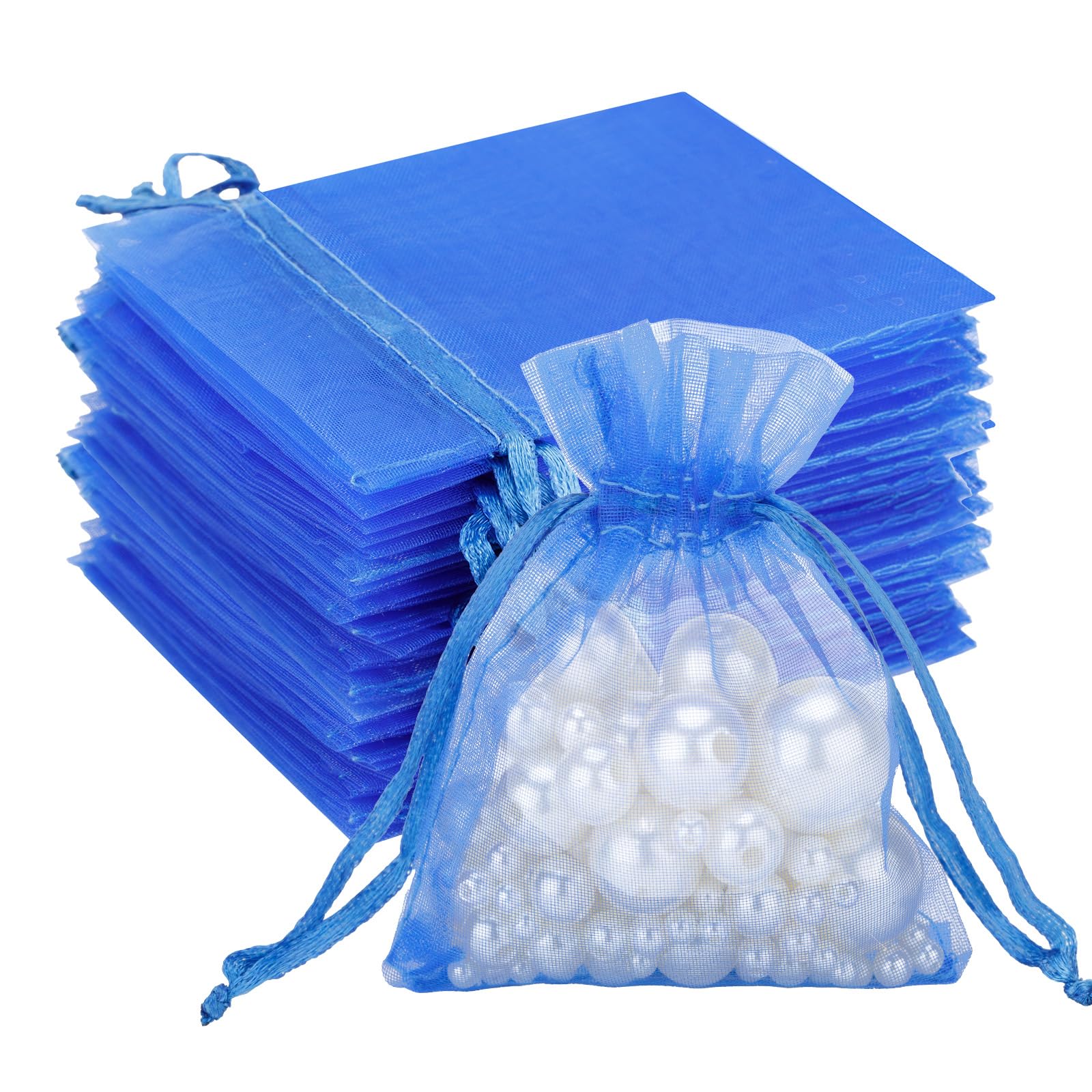 G2PLUS Blue Organza Gift Pouches, 7x9 CM Small Organza Favour Bags, 100 PCS Wedding Jewelry Bags, Clear Mesh Pouches Perfect for Wedding, Christmas, Birthday, Anniversary