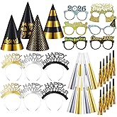 Sratte 36 Pcs 2026 New Years Party Kit, 4 Gold and Black Hats 12 Noisemakers 6 Eyeglasses 6 Headband Tiaras 8 Blowing Horns for Party New Year Eve Favors