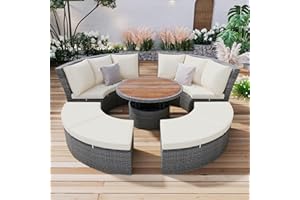 XD Designs Patio 5-Piece Round Rattan Sectional Sofa Set with 4 Loveseats and Round Liftable Table, All-Weather PE Wicker Sunbed Daybed with Washable Cushions for Outdoor Backyard Poolside (Beige-5Q)