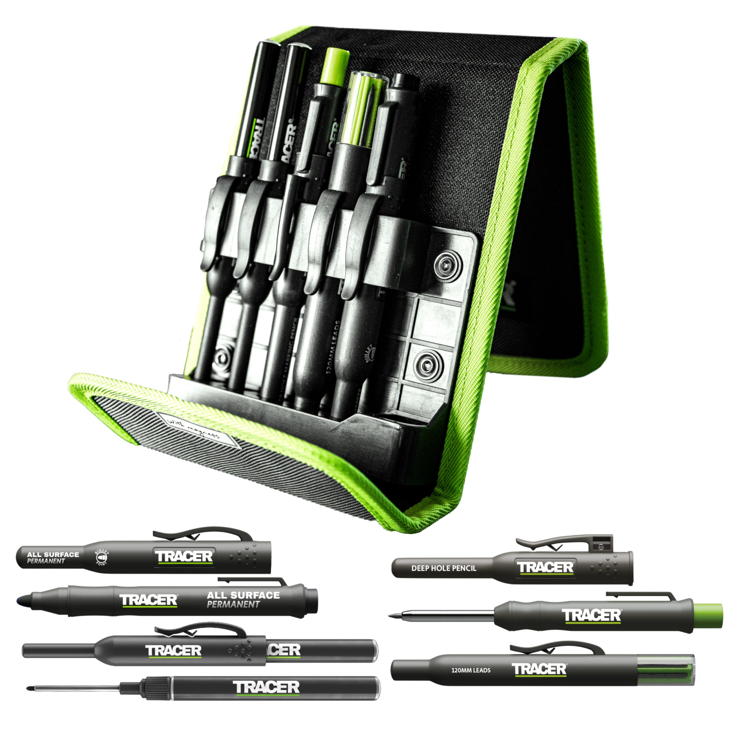 Tracer Pencil 5 Piece Construction Marker Kit with Storage Case - Carpenters Pencil, 2 x Long Nib Markers, Clog-free Marker and Replacement Leads Dispenser