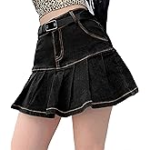 Tanming Women's Pleated Jean Skirt Casual A-Line Ruffle Y2K Mini Denim Skirt