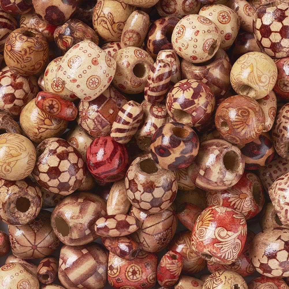 Pandahall 300pcs Printed Wood Beads - Round & Oval & Drum Shapes, Large Hole, Mixed Colors for Jewelry Making DIY Crafts - Image 4