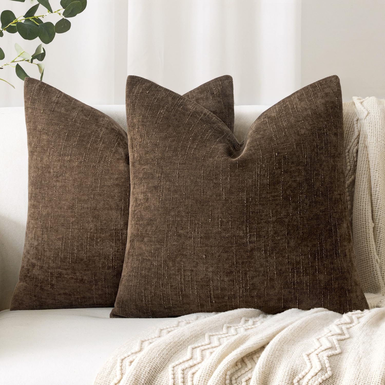 Photo 1 of Woaboy Set of 2 Textured Throw Pillow Covers Decorative Soft Accent Square Chenille Pillowcases Neutral Farmhouse Modern Home Decor for Couch Sofa Bedroom Living Room 20x20 Inch,Brown Chocolate