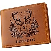 Personalized Deer Engraved Leather Wallet for Men – Custom Name Leather Bifold – RFID Blocking Christmas Themed Wallet – Gift for Dad, Husband, Boyfriend, or Outdoorsman