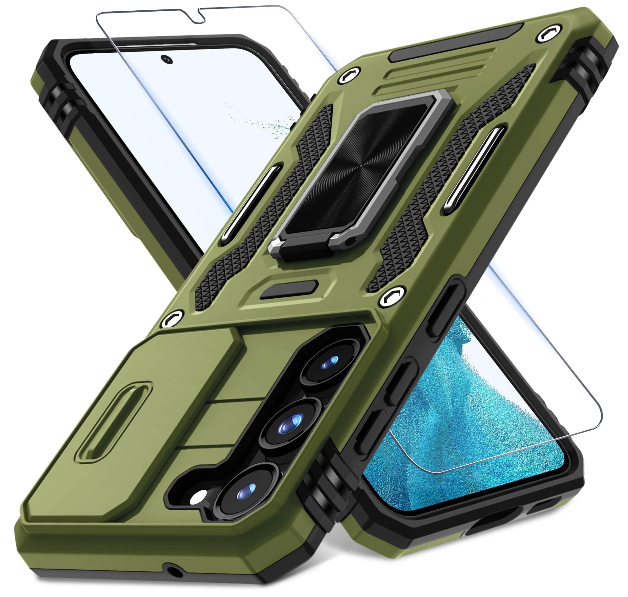 Photo 1 of DEERLAMN Case for Samsung Galaxy S23 with Slide Camera Cover+Screen Protector(2 Packs), Rotated Ring Kickstand Military Grade Shockproof Protective Cover-Olive Green
