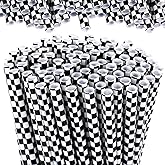 Domensi 50 Pcs Black and White Checkered Racing Straws Plastic Disposable Drinking Straws Hard Plastic Reusable Striped Flag Party Supplies for Race Car Sports Themed Birthday Decoration