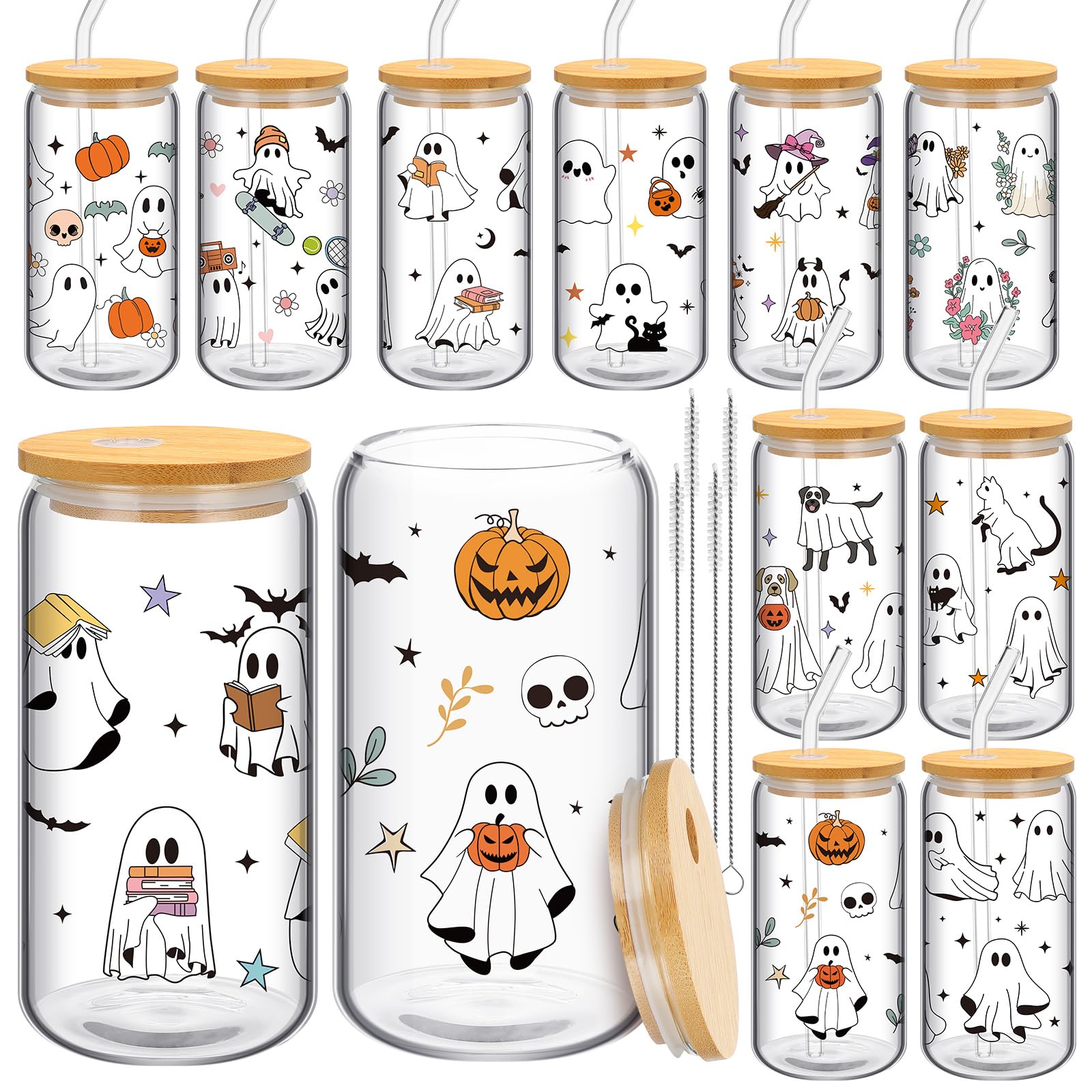 Photo 1 of 12 Pcs 16 oz Halloween Ghost Glass Cups with Lids and Straws Cute Ghost Pumpkin Bookish Cat Dog Cups Fall Tumbler Boo Basket Stuffers Spooky Gifts for Cat Book Lovers Women Halloween Party Birthday