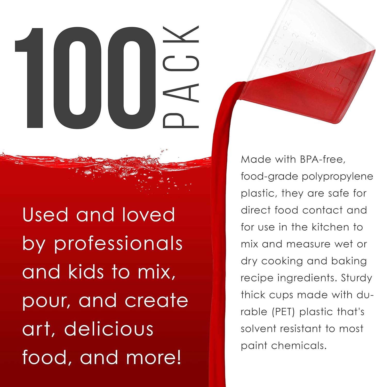 Pouring Masters 2 Ounce (60ml) Graduated Plastic Measuring Cups (100 Clear Cups & 25 Mixing Sticks) - For Acrylic Paint, Resin, Epoxy, Art, Kitchen, Cooking, Medicine, Laboratory - OZ, ML Measurements