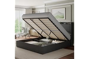 Feonase King Size Lift Up Storage Bed Frame with Charging Station, Geometric Upholstered Platform Bed Frame with Wingback, Wooden Slat Support, No Box Spring Needed, Noise-Free, Dark Gray