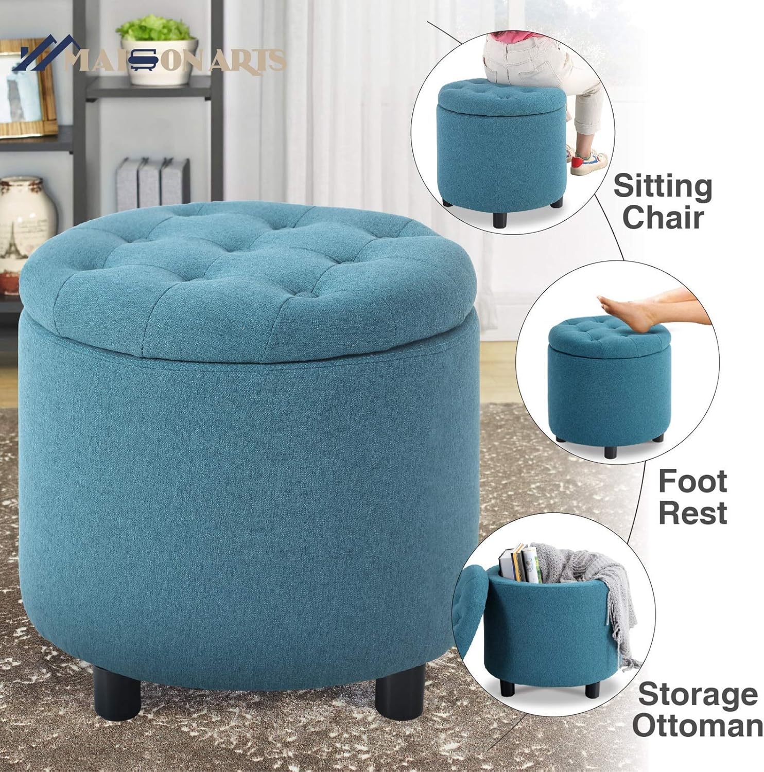 MAISON ARTS Round Storage Ottoman Foot Stool Vanity Stool Tufted Pouf Ottoman Side Table for Living Room Bedroom Seat Dressing Chair Footrest, 4 Legs, Blue: Kitchen & Dining