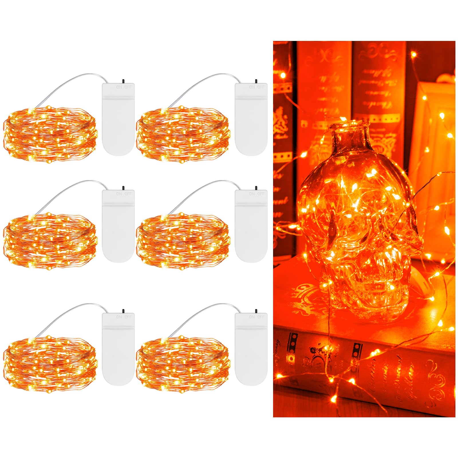 Photo 1 of TingMiao Halloween Orange Fairy Lights Battery Operate,7.2ft 20 LEDs String Lights Silver Copper Wire for Hallowen Christmas DIY Decoration Wedding Party (6 Pack)