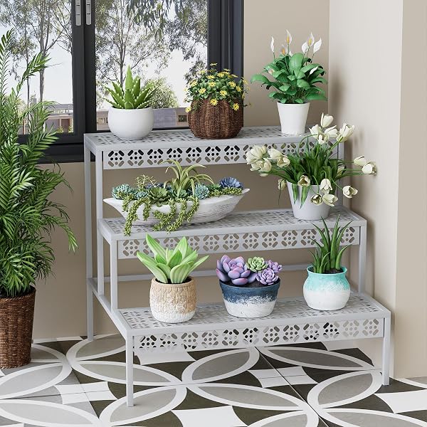 GARDEN 4 YOU 3 TIERS METAL PLANT STAND,RECTANGULAR LADDER FLOWER POTS OUTDOOR PLANT RACK, INDOOR PLANT DISPLAY RACK, HEAVY DUTY UTILITY STORAGE ORGANIZER FOR HOME GARDEN PATIO BALCONY, STAIR STYLE(WHITE)