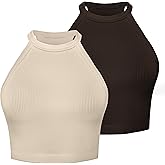 Sunzel Ribbed Tank Tops for Women, Halter High Neck Seamless Cute Crop Top, Basics Sleeveless Workout Athletic Yoga Shirts