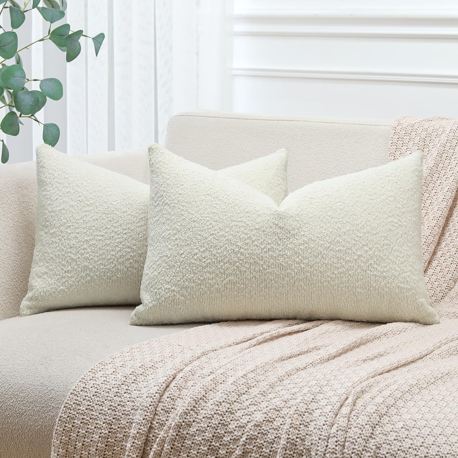JOTOM Set of 2 Cushion Covers 30x50 cm Textured Boucle Cream Beige Decorative Throw Pillow Covers 12x20 Inch Lumbar Cushion Case Home Decor Pillowcases for Couch Sofa Living Room Bed (Cream Beige)