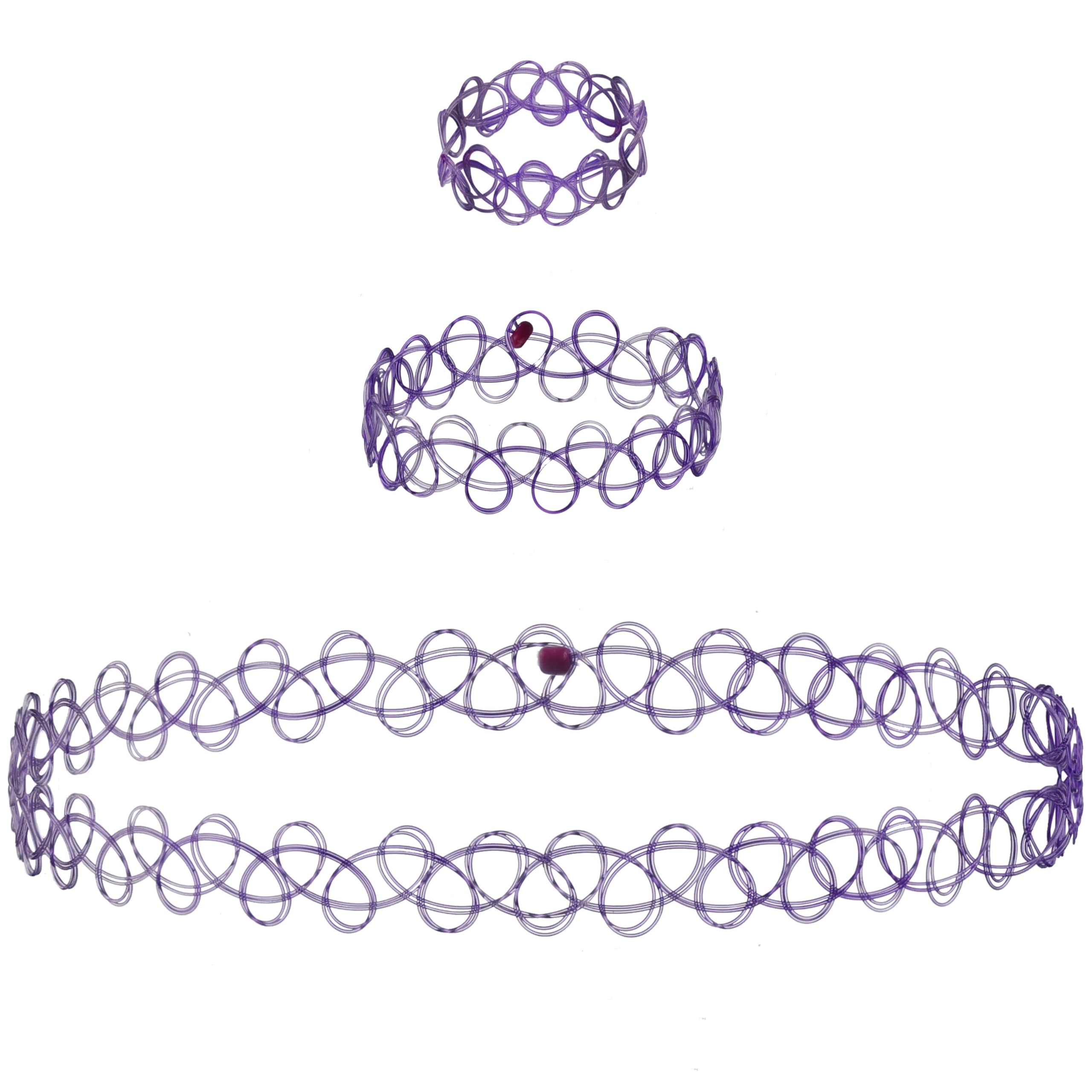 EXPRESSIONS 3pc Assorted Tattoo Stretch Jewelry Collection - Purple Tattoo Choker Necklace, Bracelet & Ring Set - Stretchy Tattoo Effect Jewelry Accessories For Kids And Adults