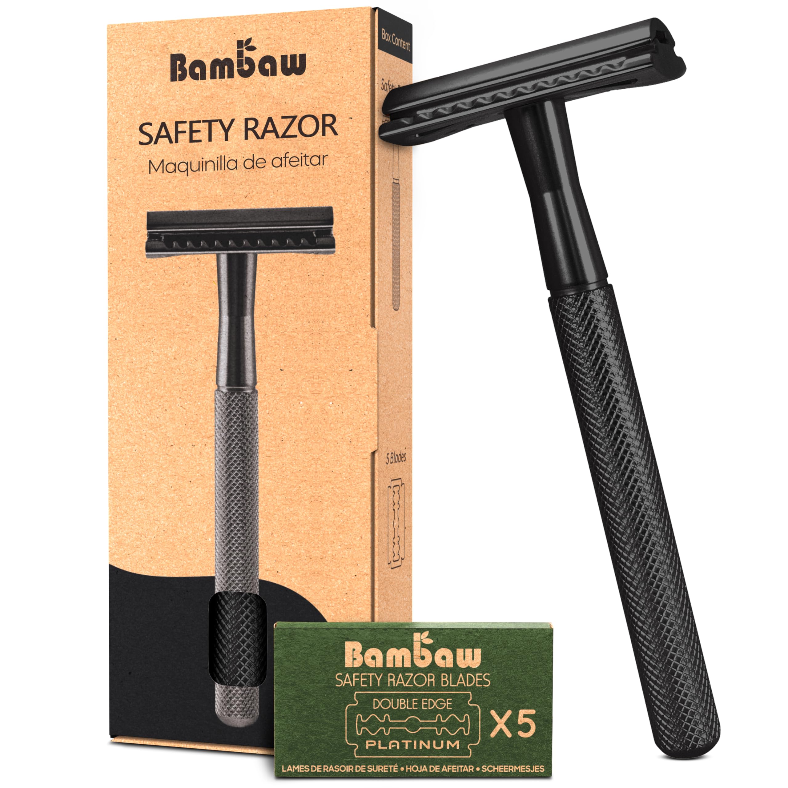 Photo 1 of Bambaw Safety Razor for Men with 5 Blades, Double Edge Safety Razors for Men, Sustainable Single Blade Razor, Zero Waste Metal Razors - Black