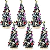 Winlyn 6 Pcs Artificial Mini Christmas Trees 4.3 Inch Frosted Green Bottle Brush Trees with Wood Bases Sisal Trees with White Snow and Ornaments for Winter Christmas Holiday Dollhouse Miniature Décor