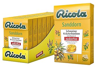 Ricola Sandorn, Schweizer Kräuterbonbon, 10 x 50g Böxli, ohne Zucker, Wohltuend und erfrischender Genuss