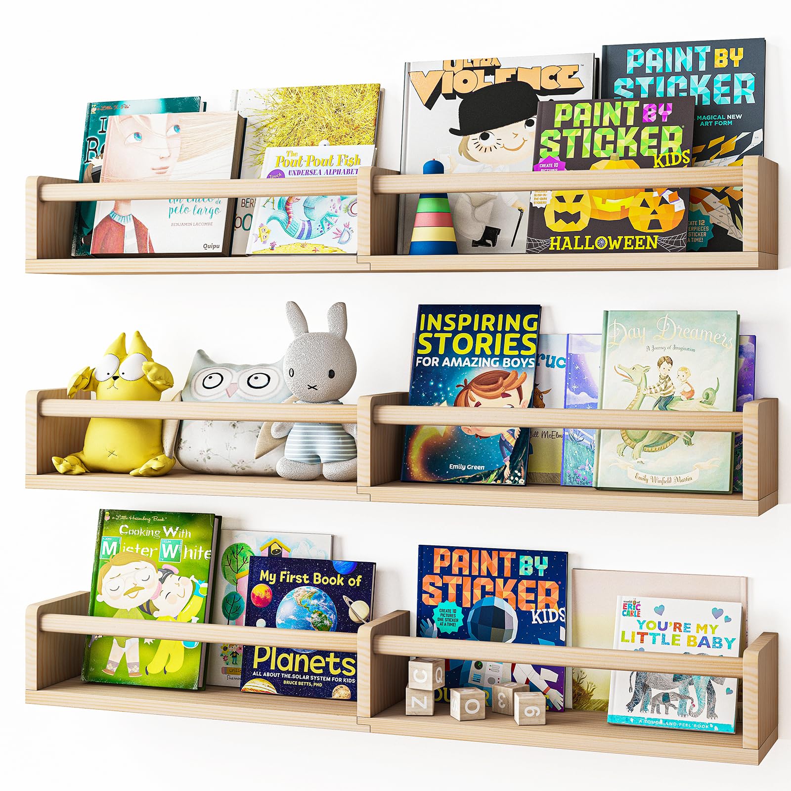 Fixwal Nursery Bookshelves, 32in Floating Bookshelves for Wall Set of 3, Wood Wall Mounted Floating Shelves for Baby Nursery Decor and Toys Storage (Natural Wood)